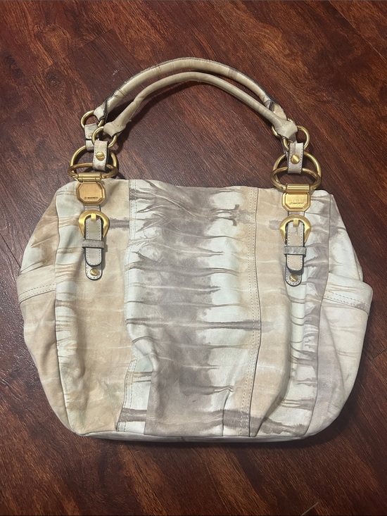 b. makowsky Handbags - b. makowsky Beige and Light Gray Tie-Dye Leather Shoulder Bag with Gold Hardware